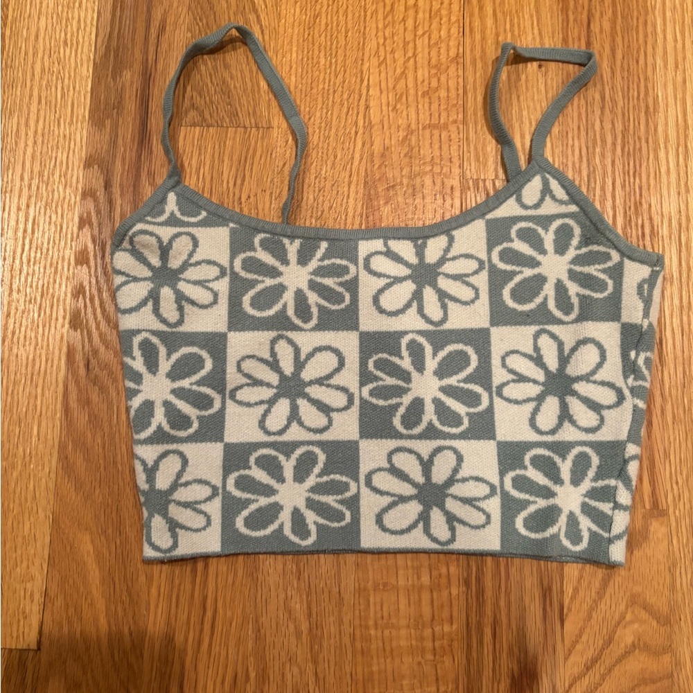 PacSun Floral Checkered Crop Top - Blue and Cream